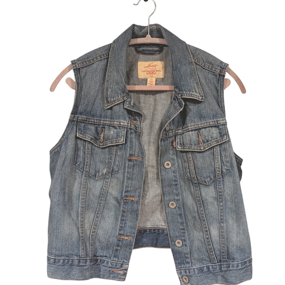 Levi's Denim Trucker Vest Lg Blue Medium Wash Cotton Sleeveless Jacket Classic